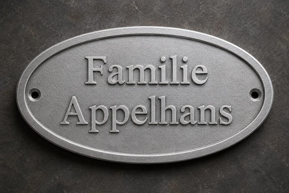 Visualisierung: ovales Aluguss-Namensschild „Familie Appelhans“ mit erhabener Schrift