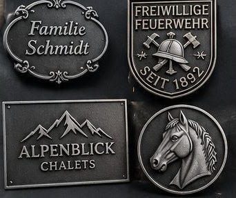 Visualisierung: Firmen- und Vereinsschilder aus Aluguss, unter anderem ein Feuerwehr-Wappen und ein Firmenschild