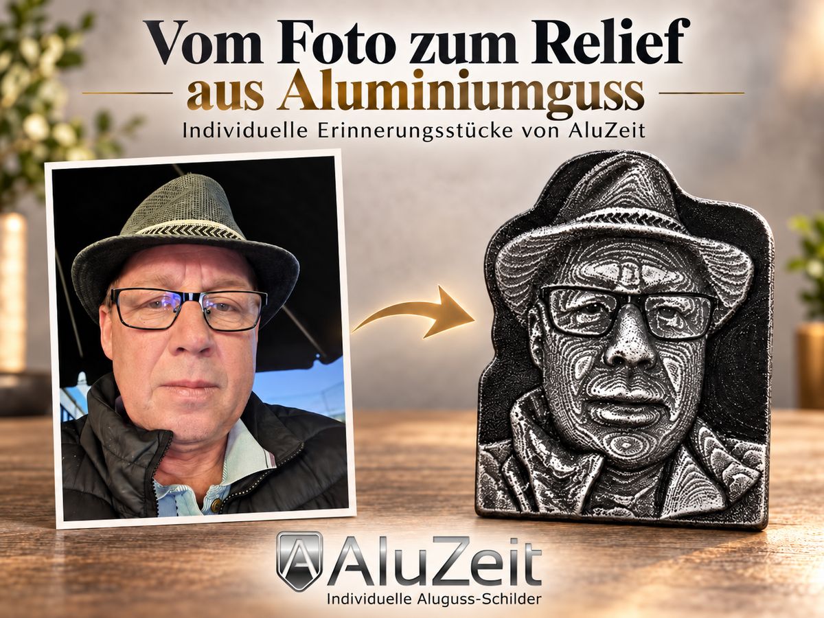 Visualisierung: links ein Porträtfoto, rechts dasselbe Motiv als Aluguss-Relief